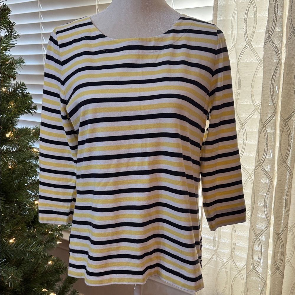 Talbots Striped Cotton 3/4 Sleeve Top Yellow Black White Classic Knit Size M